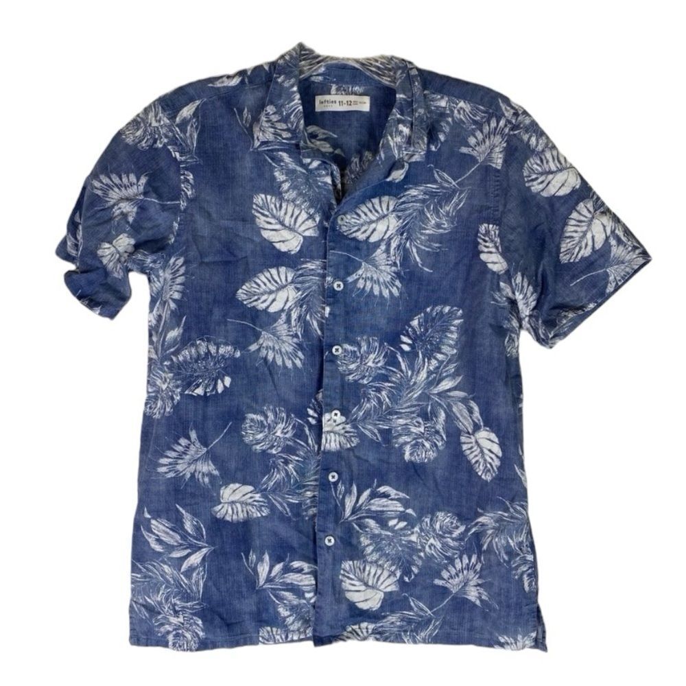 Lefties Shirt Boys Blue White Button Down Cotton Short Sleeve Casual 11-12 Years